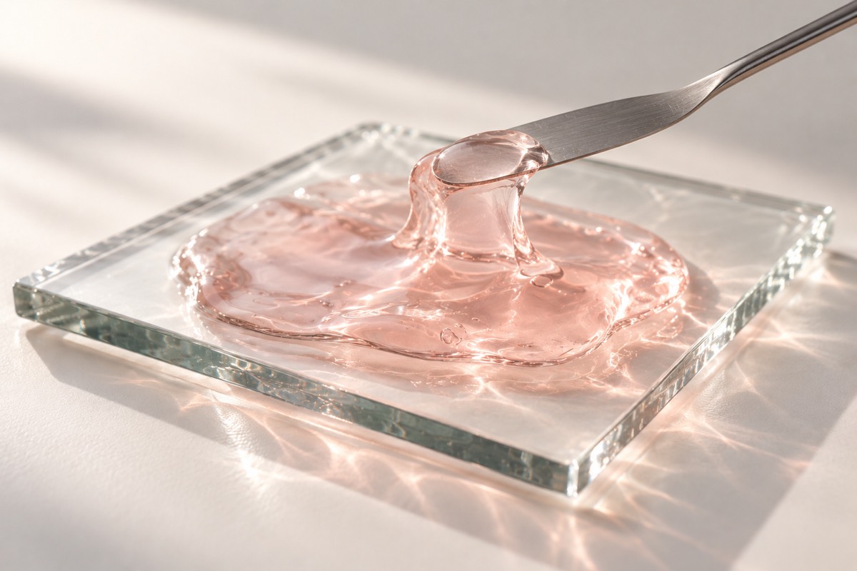 Pink jelly lifted with a spatula to show its texture