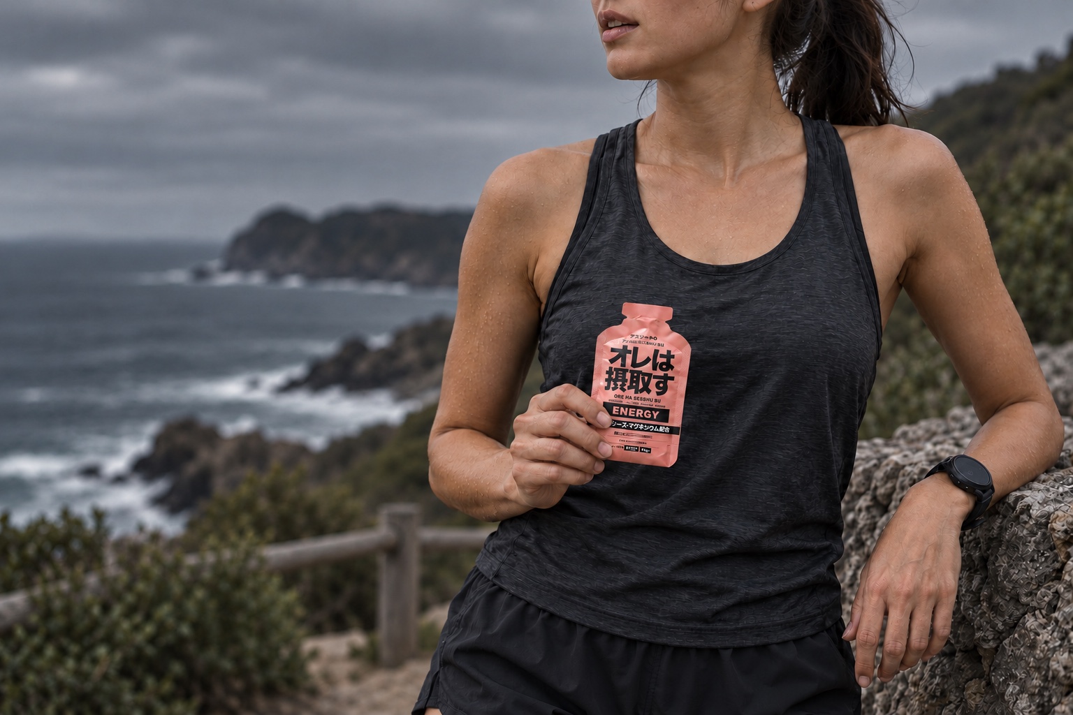 Female runner holding an OREHA peach pouch beside a coastal trail