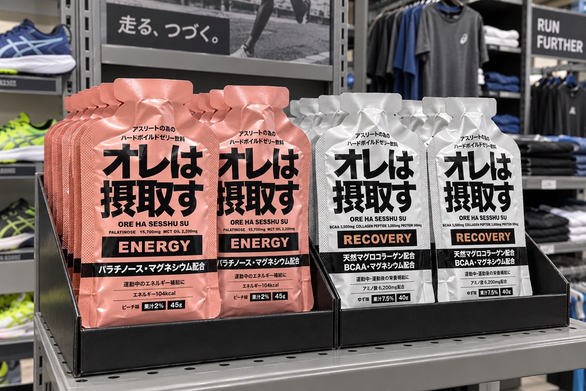 Illustrated retail display of Energy Peach and Recovery Yuzu gels, generated from product references